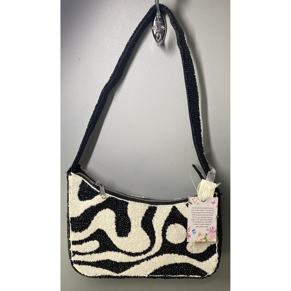 Viral Black&White Zebra Shoulder Bag Women Beaded/Faux Fur Purse NWT 6.5x10x3